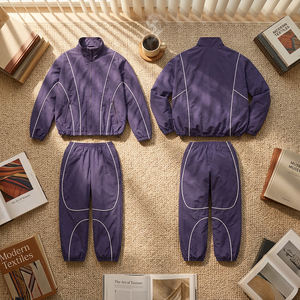 Conjunto Deportivo Morado de Manga Larga con Cuello Alto, Cintura Elástica, Transpirable, Color Sólido, para Otoño, Cortavientos - Product Image 6