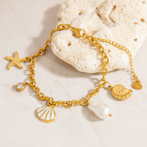 Ocean Theme Seashell Charm <b>Bracelet</b> For Women 18k Gold Plated Titanium Steel Jewelry Starfish Pearl Pendant Vacation Style - Product Image 1
