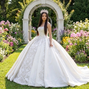 Xs287 Ivory Satin Modern Bridal Gown Appliques Beaded Corset Silver Embroidery Pleated Ball Gown for Boutique <b>Wedding</b> for - Product Image 1