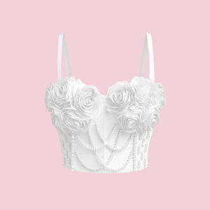 Top court à bretelles fines en forme d'arête de poisson avec rembourrage, ornements floraux et perles, style mode - Product Image 2