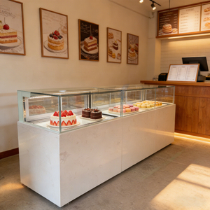 Réfrigérateur à gâteaux panoramique en verre <span class=keywords><strong>sur</strong></span> mesure, nouveau design, vitrine <span class=keywords><strong>réfrigérée</strong></span> pour pâtisserie, présentoir à gâteaux, réfrigérateur sans buée, base en marbre - Product Image 6