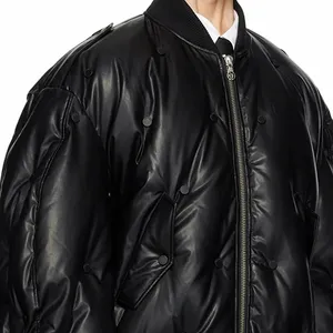 Quality Full Satin Lining Coat Tufted Down-filled Grained Jacket Fashion Black Faux-leather Down Jacket For Men