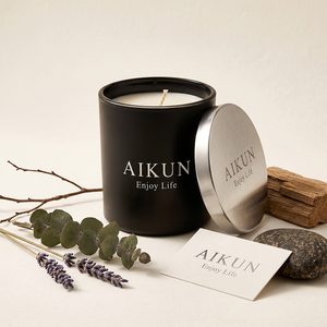 Aikun Natural Rattan <b>Sticks</b> Metal Lid Home Fragrance Packaging Matte Black Glass Reed <b>Diffuser</b> Candle Set For Hotel Spa Retail - Product Image 3