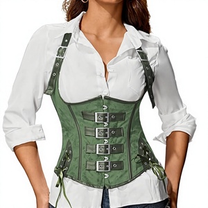 Corset gainant vert pour femme avec bretelles, boucle frontale, laçage latéral et nœud, cincher de taille, bustier - Product Image 1