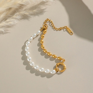 New French Style Non Tarnish 18k Gold Plated Stainless Steel Chain Simple Oval <b>Pearl</b> <b>Bracelet</b> for Women Jewelry - Product Image 3
