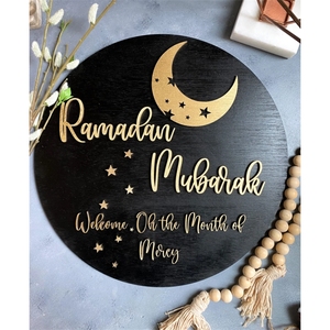 Decorazione Regalo per il Ramadan Musulmano, Insegna in Legno <span class=keywords><strong>Luna</strong></span> e Stella, Decorazione per Porta Ramadan Mubarak - Product Image 2