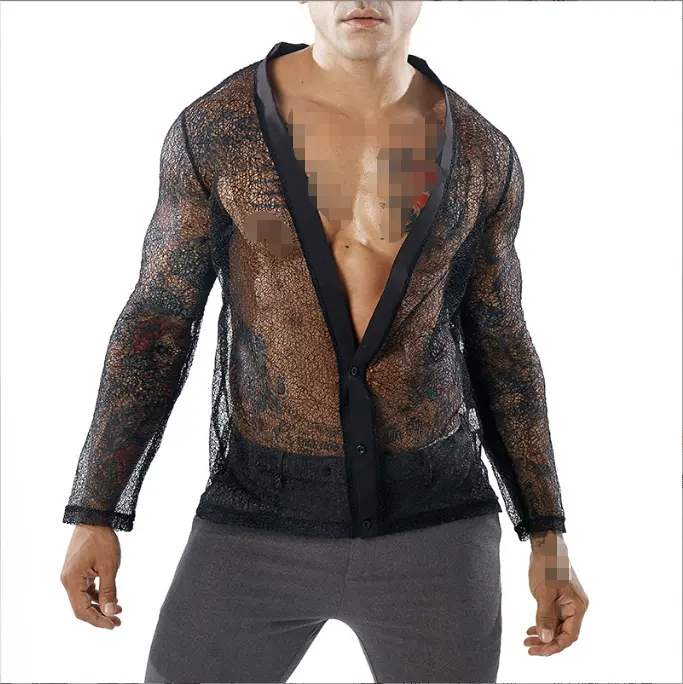 S-3XL V-neck Sexy Men's Shirt Style Men's Shirt Black Transparent Mesh Long Sleeve Cardigan