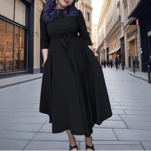 Plus Size Women's Long Flowy Dress Crew <b>Neck</b> <b>Tie</b> Waist Elegant Spring Fashion African Style - Product Image 3