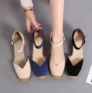 Espadrilles de style européen et américain, nouveau modèle, compensées, en daim, à bride cheville, à talon haut, découpées, en paille tressée - Product Image 3