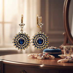 Flower Design <b>Sapphire</b> CZ Round Shape Ottoman Authentic 925 Silver <b>Earrings</b> Jewelry - Product Image 3