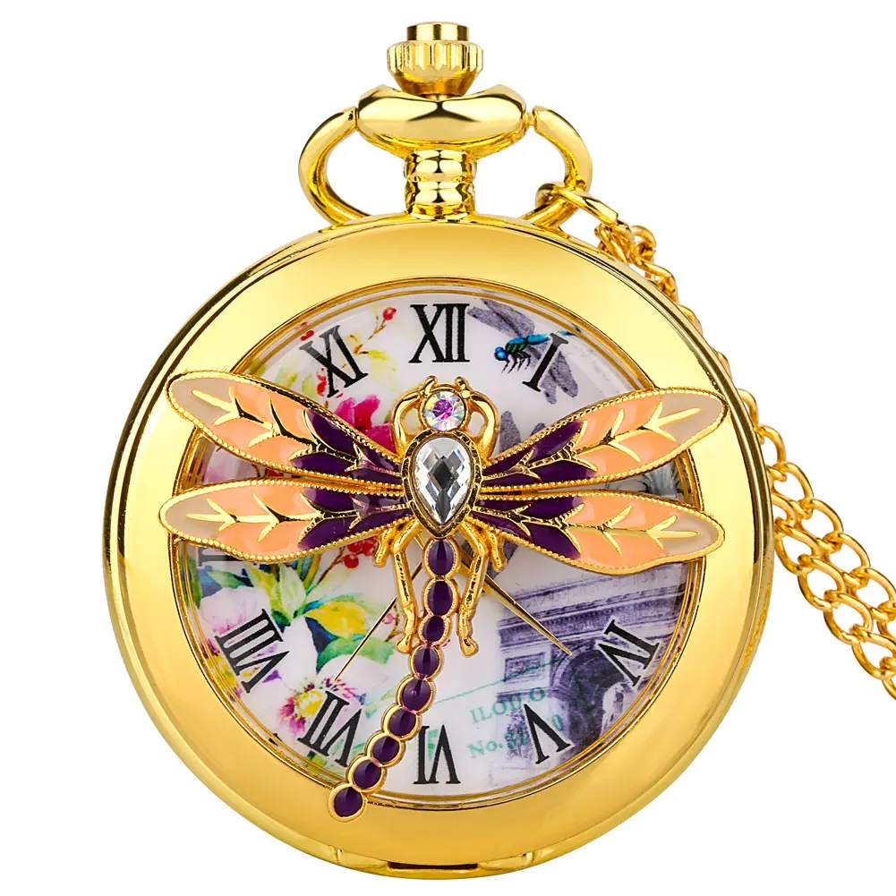 Elegant Retro Fob Chain Necklace Pendant Reloj De Bolsillo Charm Gold Dragonfly Half Cover Roman Numerals Pocket Watch