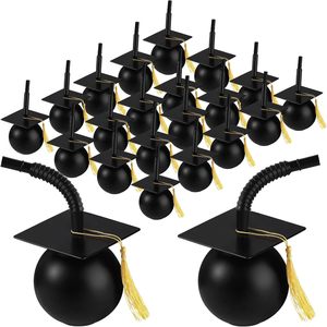 Nicro Fabrikpreis Plastik-Graduierungsparty-Zubehör: Hutförmiger Plastikbecher mit Strohhalm und Goldquaste für Feier-Tischdekoration - Product Image 1