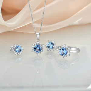 CZ anello collana color <span class=keywords><strong>acquamarina</strong></span> classica <span class=keywords><strong>orecchini</strong></span> a fiori 925 argento lussuoso zircone da donna fidanzamento puro argento set di gioielli - Product Image 2