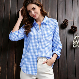 Camisa de Mujer a Cuadros Azul, con Botones, Manga Larga, Corte Holgado Informal, 100% Algodón Popelina, para Primavera/Verano - Product Image 4