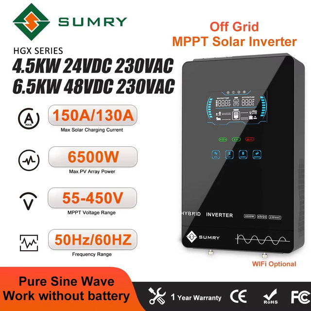 SUMRY 4.5/6.5KW Off Grid Solar Inverter 24/48VDC 230V Pure Sine Wave MPPT Solar Charge 55-350VDC LCD Single Hybrid Inverter
