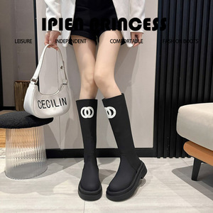 Bottes longues pour femme, style décontracté, couleur unie, talon épais moyen, fermeture éclair arrière, semelle épaisse, antidérapantes, respirantes, pour l'automne - Product Image 2