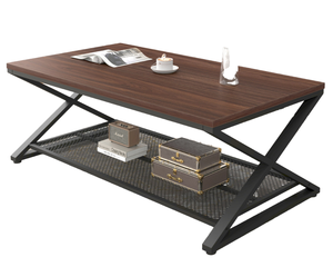 Industrial <b>Rustic</b> Wooden <b>Coffee</b> <b>Table</b> with Metal Mesh Shelf 2-Tier X-Frame Center <b>Table</b> for Living Room - Product Image 1