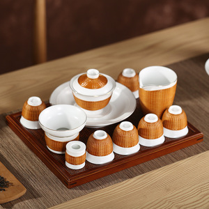 Dehua White Porcelain Bamboo Woven Kung Fu Tea Set Small Cup Bowl Handmade For Home Office Use - Product Image 2