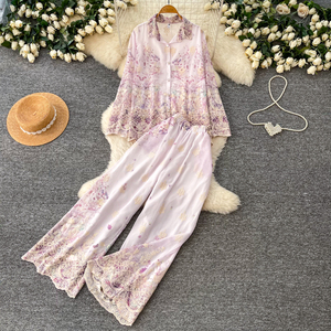 Conjunto de 2 piezas vintage de otoño para mujer, top con cuello polo y mangas abullonadas y traje estampado, venta al por mayor - Product Image 2