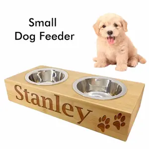 Tazón de bambú personalizado para perros pequeños, juego de tazones de agua y comida para perros con nombre y patas