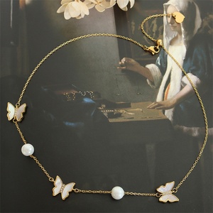 Dainty Stainless Steel Link Chain Pearl Charm Shell butterfly Pendant Necklace - Product Image 3