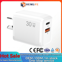 Adaptateur de charge de téléphone Type C double port QC3.0 30W USB C PD GaN Chargeur OEM Prise murale AU