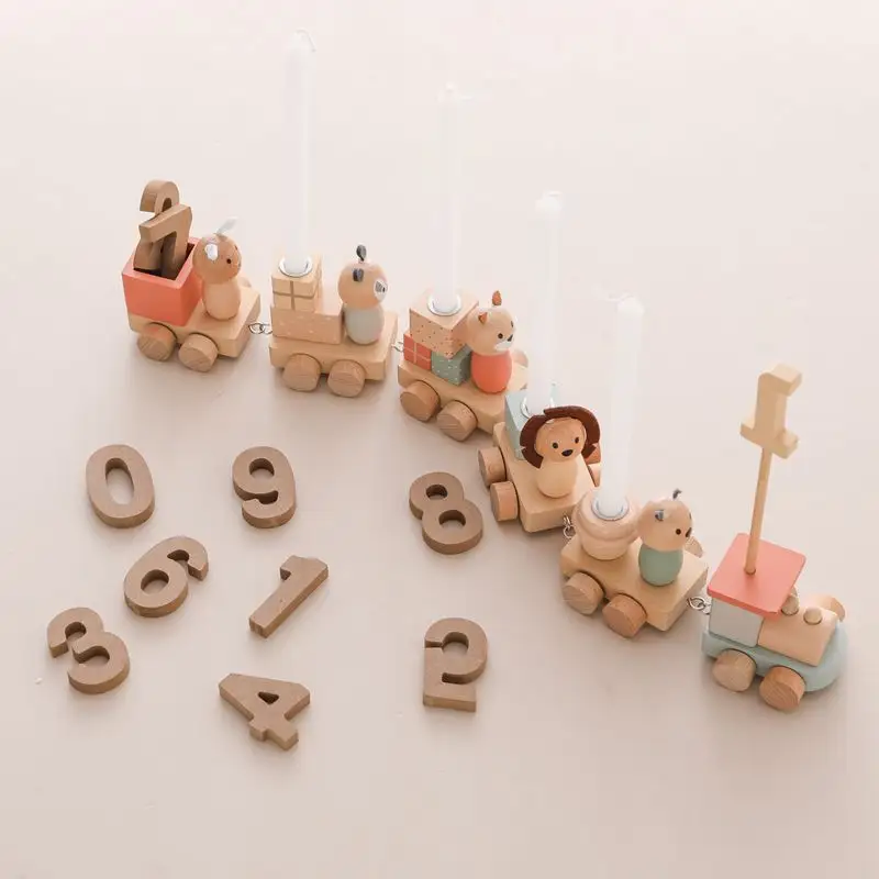 New Design Multi-Function Candle Children'S Cake Decoration Birthday Party Dress Up Toy Track Set Wooden Birthday Trains Toy