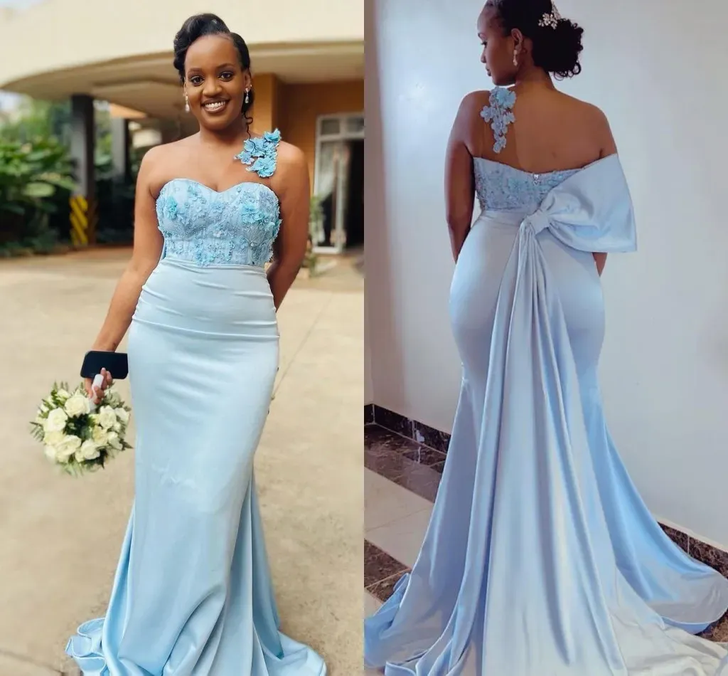 Mermaid One Shoulder Lace Applique Satin Bow Ruched Custom Made Plus Size  Maid of Honor 2025 Sky Blue Bridesmaid Dresses MB395