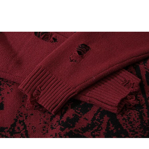 Wholesale Distress Vintage Oversize Cropped Top <strong>Hoodie</strong> for <strong>Men</strong> Grim Reaper Ripped Knit Sweater <strong>Burgundy</strong> - Product Image 4