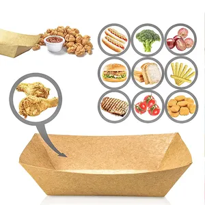 Nampan Makanan Kertas Kraft Bentuk Perahu Logo Kustom Digunakan untuk Salad Buah Ayam Goreng Kentang Goreng Hot Dog