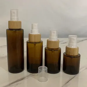 Hengjian 20ml 30ml 40ml 60ml emballage en bambou écologique flacons de pulvérisation en verre brun ambré cosmétique avec couvercles en bambou pour parfum