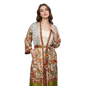 Kimono de Seda Suave Estilo Sari Vintage para Mujer, Hecho a Mano, Estampado Floral, Cuello en V, Cintura Elástica, Tres Cuartos, Térmico, Transpirable, Otoño - Product Image 1