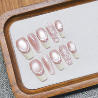 Faux ongles à presser faits main, rose œil de chat, forme cercueil moyenne, motif treillis 3D avec perles et strass, réutilisables