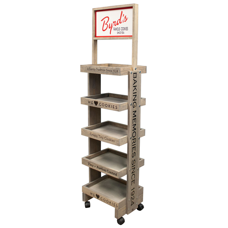 Byrds Cookies Wooden Side Brander Display Rack with Wheels