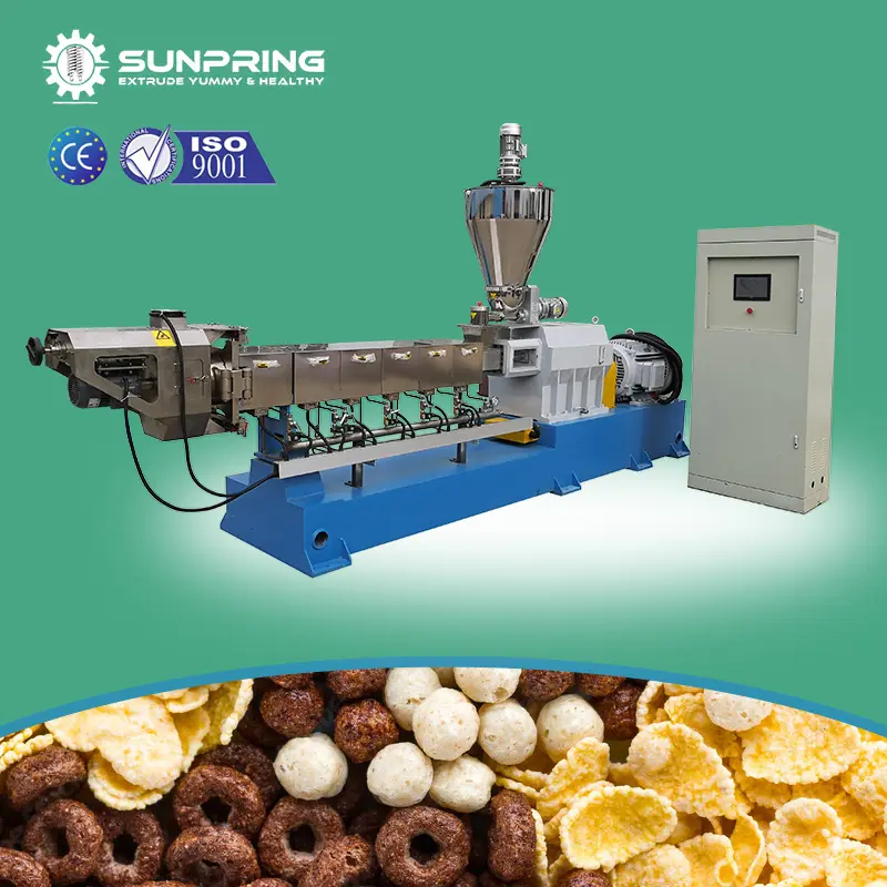 Máquina de producción de copos de maíz SunPring, máquina de aperitivos de cereales para el desayuno, línea de aperitivos de cereales para el desayuno