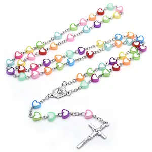 儿童彩色心形塑料念珠十字架项链串珠串