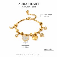 Bracelet à breloque cœur en zircon 'Aura Heart' JinSpark, acier inoxydable 316L de qualité médicale, plaqué or 18 carats PVD, bijoux minimalistes, cadeau