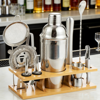 Ensemble d'outils de bar avec support en bambou, ustensiles de bar en acier inoxydable, kit de shaker à cocktails original pour barman, 11 pièces