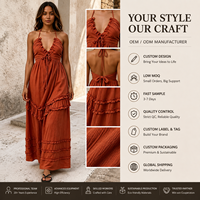 Robe longue bohème vintage rouge à fines bretelles et dos nu en coton et polyester, motif floral, élégante et fluide pour le quotidien, OEM