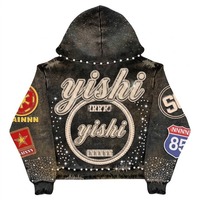 Sudaderas con cremallera de pedrería OEM Streetwear Personalizadas Vintage Y2K Ropa Bordado Desgastado Sudaderas para Hombre Oversize de Gran Gramaje