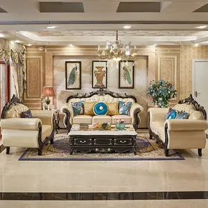 高品质奢华1 2 3 4座真皮手工雕刻欧洲设计皇冠皇家客厅沙发