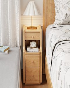 Solid Oak Narrow Nightstand with 3 Drawers Minimalist Modern <strong>Skinny</strong> <strong>Bedside</strong> <strong>Table</strong> for Bedroom Accent - Product Image 1