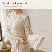 Hauts en dentelle au crochet personnalisés OEM ODM pour femmes, chemisier à manches longues ajouré à motif floral, ourlet festonné, style bohème décontracté pour le quotidien