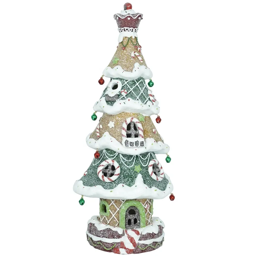 Custom Wholesale Handmade LED Resin Crafts Christmas Tree Shaped Gingerbread House Christmas Decoration
