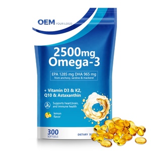 Capsules d'huile de poisson oméga 3 OEM 2500 mg avec 1285 mg d'EPA, DHA, vitamines D3, K2, Q10 et astaxanthine pour soutenir la santé cardiaque, cérébrale et immunitaire - Product Image 1