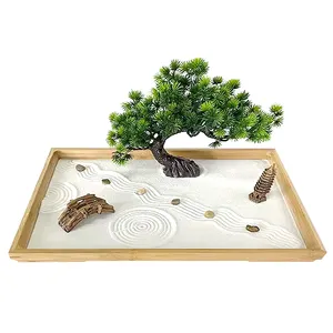 Mini kit de jardin de sable zen Feng Shui en bambou personnalisé avec râteau tour de pont en pin pour décoration de bureau Yoga Jardin zen asiatique