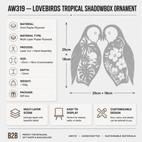 Boîte à ombres personnalisée pour oiseaux exotiques tropicaux |   Scène de palmiers et d'hibiscus découpée au laser en contreplaqué de peuplier multicouche |   Décoration murale suspendue en forme d'oiseau miroir