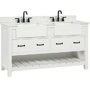 Meuble-lavabo double vasque blanc style ferme américaine en bois et marbre - Product Image 4