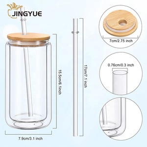 12 Oz Biểu Tượng Tùy Chỉnh Thăng Hoa Trống Thủy Tinh Borosilicate Bia Soda Đôi Tường Có Thể Uống Cốc Cà Phê Với Nắp Tre Và Rơm - Product Image 2