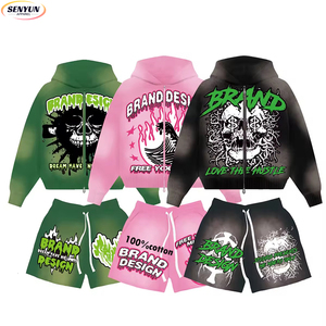 Özel Logo asit yıkama % 100% pamuk fransız Terry erkek fermuar Hoodies ve şort rahat eşofman erkekler için 2 parça şort takımı - Product Image 1